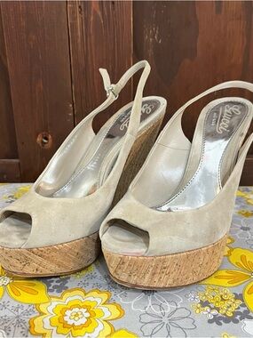 Gucci Beige Suede Cork Platform Slingback Sandals